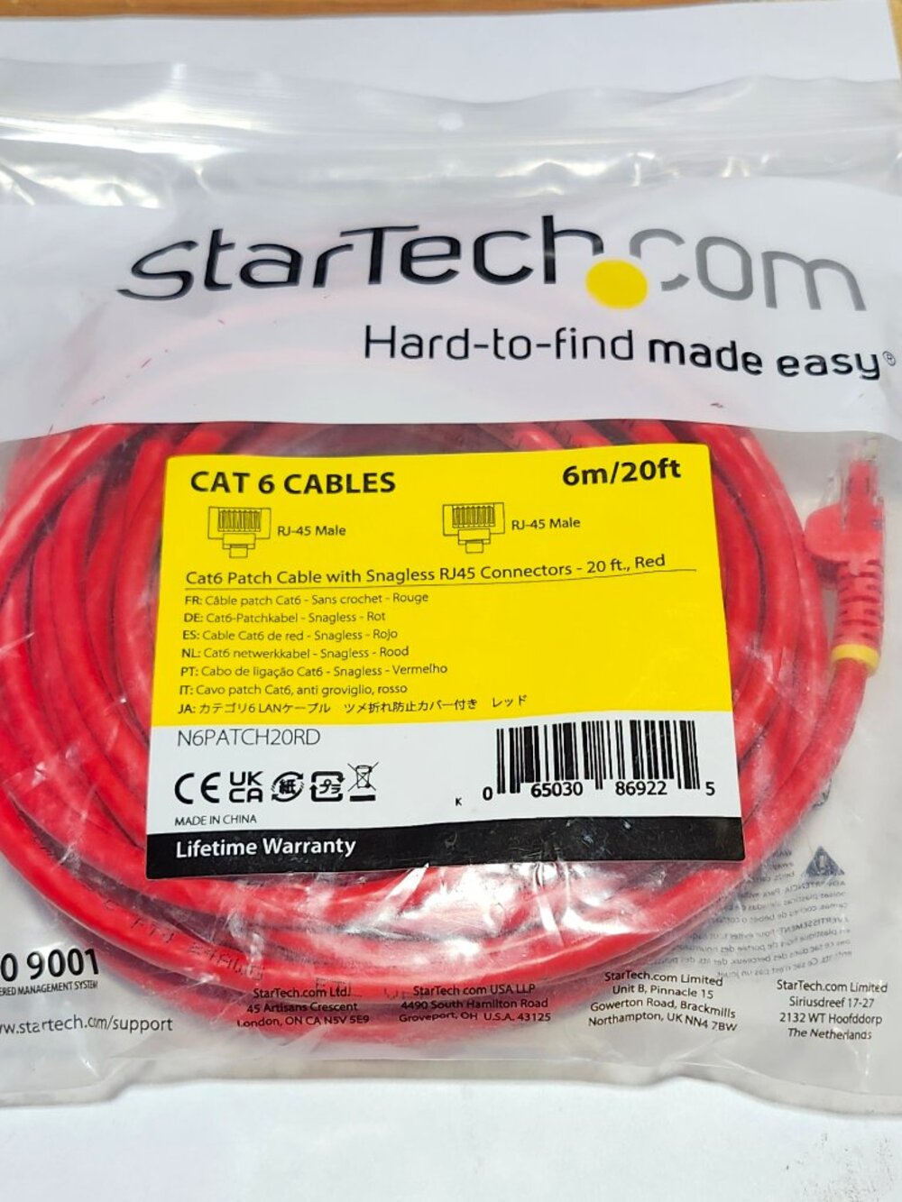 StarTech 20ft Red Cat6 Patch Cable with Snagless RJ45 Connectors NEW
